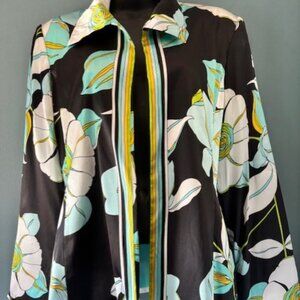 NWT Russell Scott Silk Jacket Black White Floral Open Front Collared Sz 10
